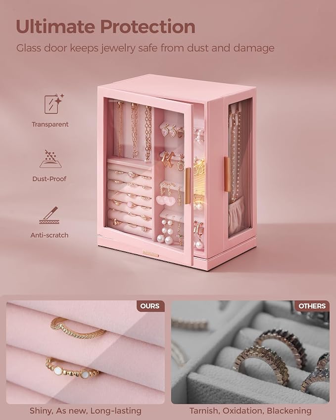 Glimmloop 360° Rotating Jewelry Box with 5 Drawers, Spacious Vertical Jewelry Organizer with Glass Window, Jewelry Storage Case, Dustproof & Moisture-resistant Design, Pink - Image 3