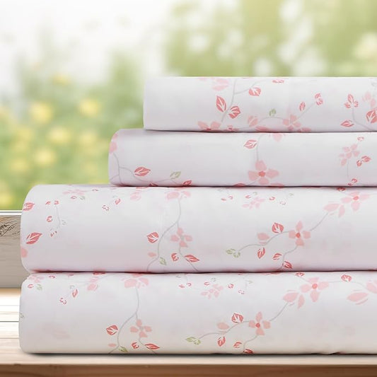 DREAMCARE Queen Size Sheets - Cooling Bed Sheets - 4pcs Set - Queen Sheet Set - Sheets Queen Size Bed - Queen Size Sheet Sets - Soft & Long Lasting 100% Fine Brushed Floral Sheets - Floral Blue