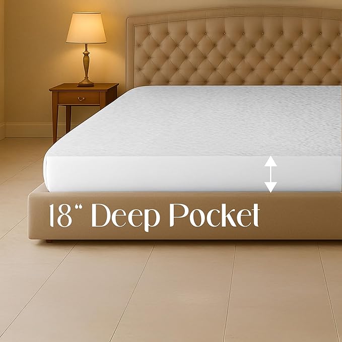 SGI bedding Waterproof Vermont King 96"x 96" Extra Large Bed Mattress Pad Cover, 18" Deep Pocket, Soft Noiseless & Breathable Fitted Sheet Style Mattress Protector – White