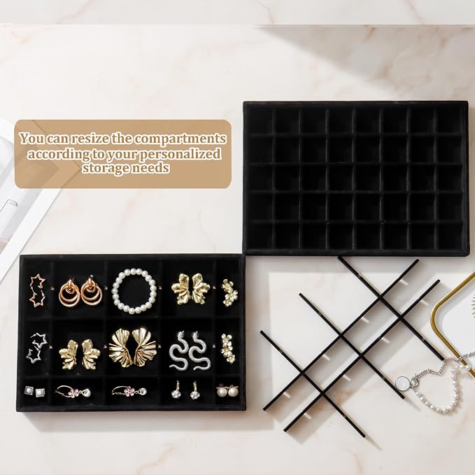 Large Velvet Jewelry Tray 2 Pack Stackable Jewelry Display Drawer Inserts Trays Organizer for Earring Bracelet Necklace Ring (Black, 40 Grids) - Image 5