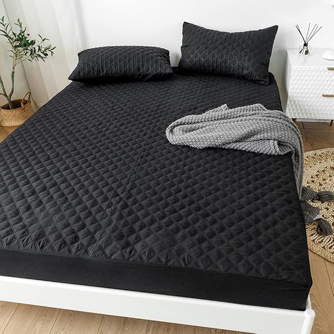 vctops Quilted Fitted Sheet Waterproof Mattress Protector Pad Ultra Soft Elastic Fitted Deep Pocket Bed Cover (Black,Queen)