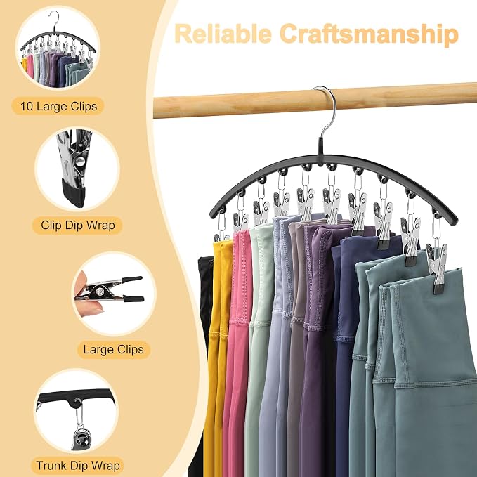 Volnamal Legging Organizer for Closet, 2 Pack Metal Yoga Pants Hangers w/10 Clips Holds 20 Leggings, Space Saving Hanging Closet Organizer w/Rubber Coated Closet Organizers and Storage, Black - Image 6