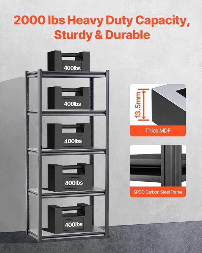 VEVOR Storage Shelves, 2000 lbs, 5 Tier Garage Storage Shelving, 18" D x 32" W x 72" H Adjustable Metal Shelves for Garage Shelves Utility Rack Shelf, Ideal for Kitchen, Warehouse, Basement, Black - Image 4