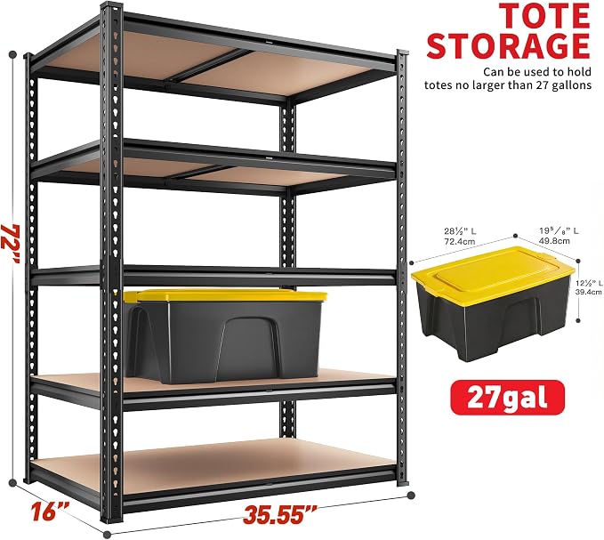 REIBII 2400LBS Storage Shelves 5 Tier Garage Shelving Heavy Duty, Adjustable Metal Shelving, Garage Shelves for Basement, Warehouse, Pantry, Closet, Kitchen 72" H x 35.55" W x 16" D, Black, 3 Pack - Image 3
