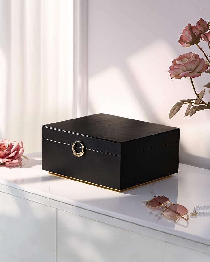 pickpiff 2 Layer Jewelry Box Organizer for Women, Jewelry Organizer with Handle & Removable Tray, Necklace Holder Ring Earring Storage, Velvet Lined Jewelry Case for Home or Travel, Gift Ready, Black - Image 8