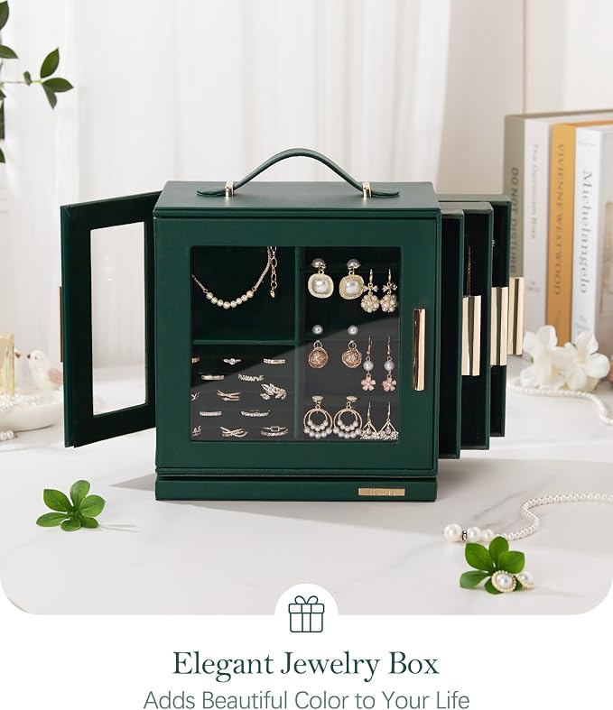 Homde Jewelry Box for Women Large: Rotating Organizer for Ring Earring Necklace Bracelet - 7 Drawers Storage for Dresser (Forest Green) - Image 8