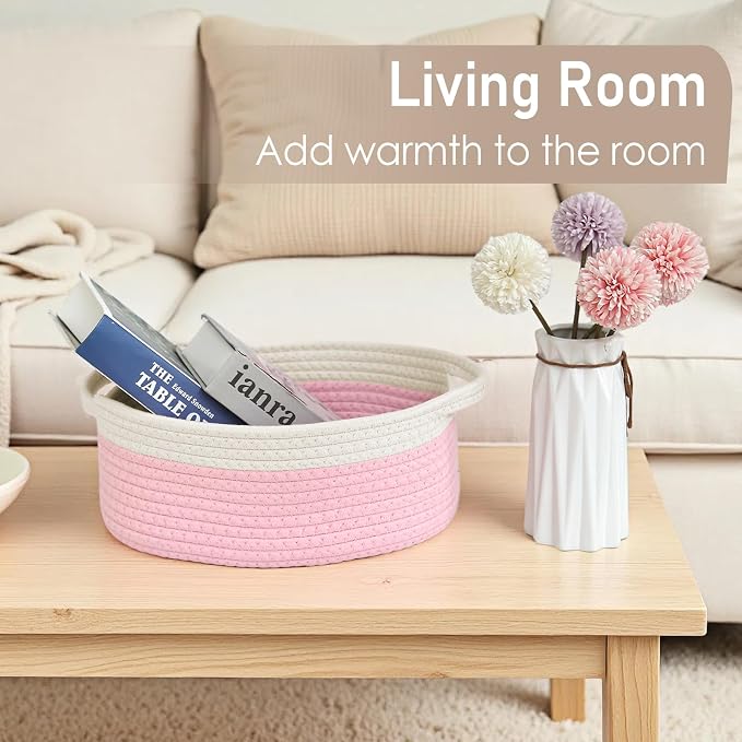 JMvicyroam Woven Basket,Small Rope Storage Bin with Handles & Ribbon Bag, Organizer for Shelves Closets,Gift Basket Empty for Birthday,Books,Dog Toys, White&Pink/3 Pack - Image 7