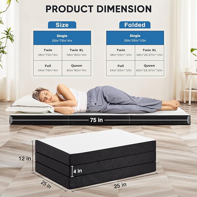Tri-Fold Single Memory Foam Mattress, 4 inch Folding Mattress Topper with Washable Cover, Portable Non-Slip Guest Floor Bed for Camping Travel