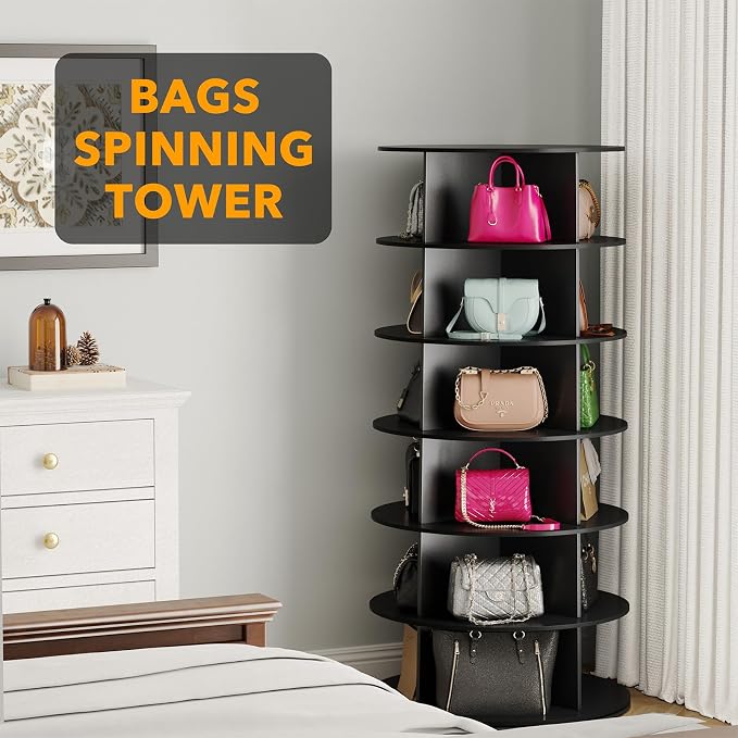 SpaceAid 6 Tier Rotating Shoe Rack Tower, Spinning Shoe Display Lazy Susan, Revolving 360 Shoe Rack Storage Round Carousel, Vertical Handbag Rotate Shoes Closet Organization (6-Tier Black) - Image 5