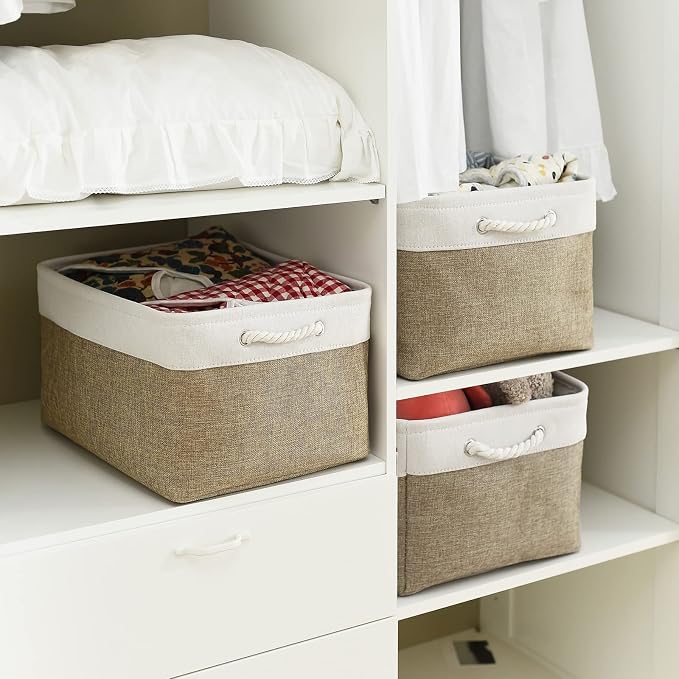 TheWarmHome Organization and Storage Basket for Organizing - X Large - 3 Pack 17.7L×13.8W×9.8H in Collapsible Storage Bin for Shelves, Fabric Basket for Gifts Organizer Toy Closet (White & Khaki) - Image 3