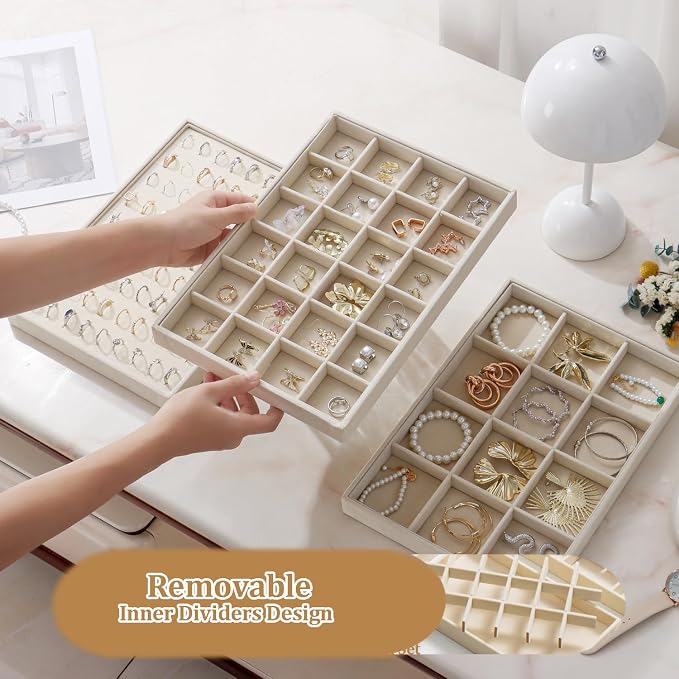 Large Velvet Jewelry Tray 2 Pack Stackable Jewelry Display Drawer Inserts Trays Organizer for Earring Bracelet Necklace Ring (Beige, 12 Grids+24 Grids) - Image 4