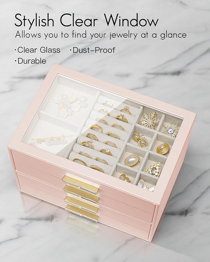 Vlando 4 Layer Jewelry Box for Women, Glass Lid Jewelry Organizer with 4 Drawers for Necklaces Rings Earrings Bracelets - Dark Pink - Image 5
