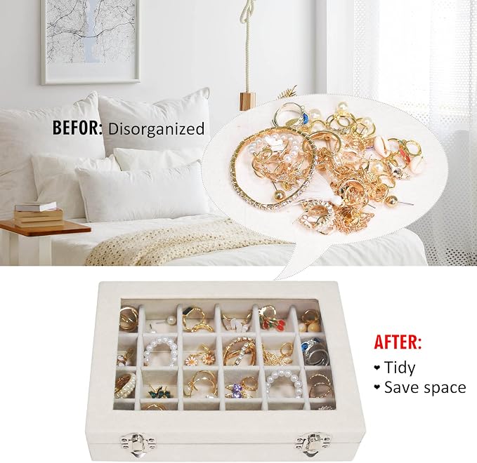 Vicoter Velvet Jewelry Box 24 Grid Jewelry Ring Display Organiser Box Tray Holder Earrings Storage Case for Girls Wife Mom Women (Beige) - Image 5