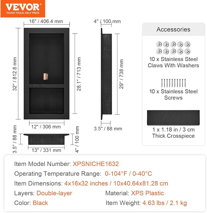 VEVOR Shower Niche Ready for Tile 16" x 32", Double Shelf Organizer, Square Corners Wall-inserted Niche Recessed, Sealed Protection Modern Soap Storage Niche for Shower Bathroom, Black - Image 8