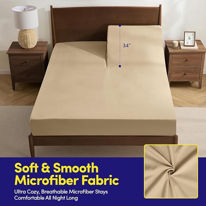 Split Head King Sheets Set for Adjustable Beds 4 Piece Flex Top Bed Sheets – Deep Pocket Split Top Fitted Sheet with Built-in Corner Straps, Luxury Soft Cooling Bedding, Wrinkle Resistant, Beige