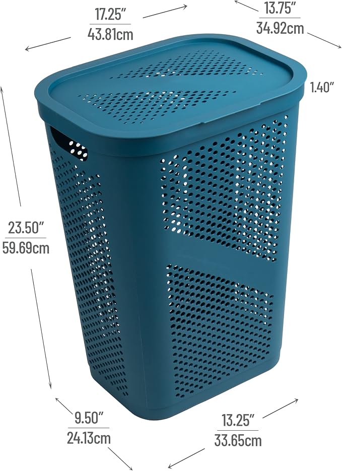 Mind Reader 60L Slim Laundry Hamper, Clothes Basket, Lid, Ventilated, Plastic, Set of 2, Blue - Image 3