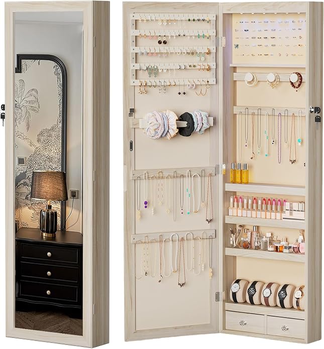 DUMOS 6 LEDs Mirror Jewelry Cabinet, Wall or Door Mounted Jewelry Organizer, 47.2-Inch Tall Lockable Large Capacity Cosmetic Storage, Gift Idea by DumosLifestyle