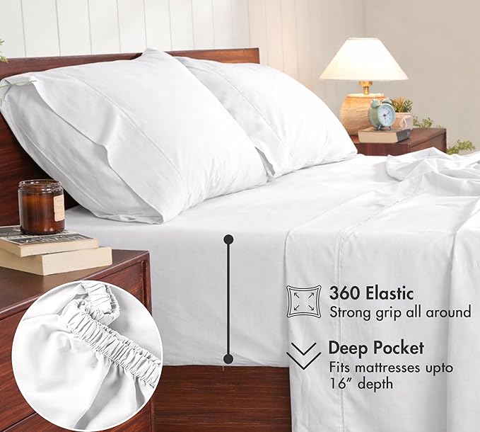 RUVANTI 100% Cotton Sheets – Twin Size Percale Bedding, Cooling & Breathable, Durable with a Crisp, Soft & Comfortable Feel, 16" Deep Pocket, 3-Piece Set, Bright White