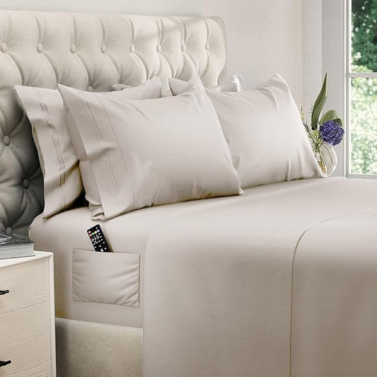 DREAMCARE Full Size Sheets - 6 pcs Breathable Cooling Bed Sheets - up to 15" Deep Pocket Full Size Bed Sheets wth Side Pockets - Extra Soft 100% Brushed Hypoallergenic Hotel Luxury Bedding - Beige