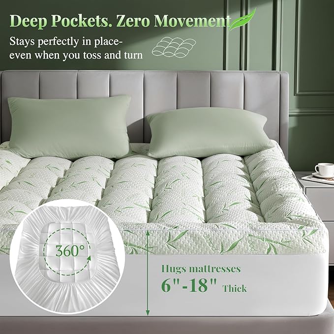 Mattress Topper Viscose Made from Bamboo Pillow Top Mattress Topper,1200 GSM Cooling Mattress Pad,2In Extra Thick Pillow Top for Back Pain with 6"-18" Deep Pocket(Queen,60"x80")