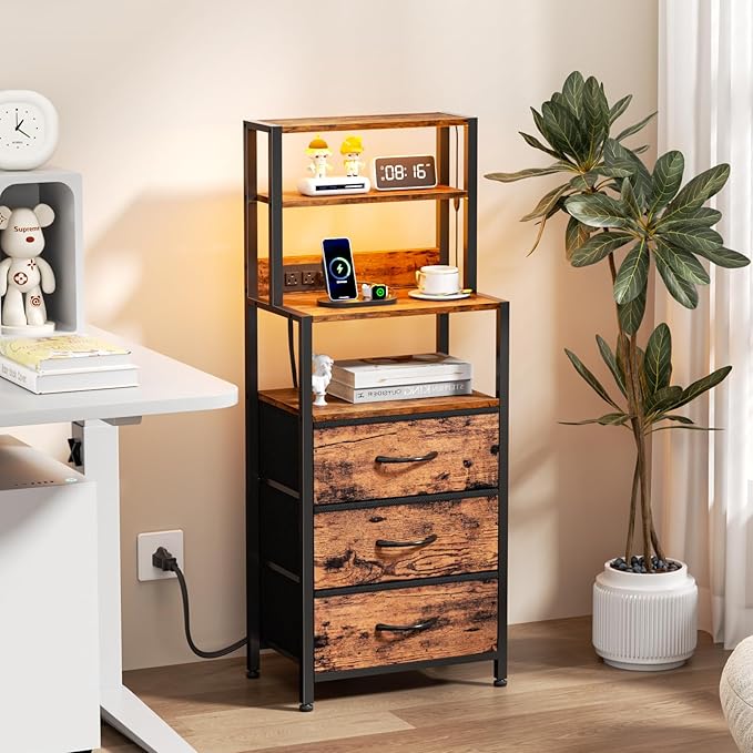 Furnulem Night Stand Set 2, LED nightstand Set of 2 with Charging Station, Bedside Table with Storage Shelf and 3 Fabric Drawers, Bed Side Table for Bedroom, Home Office, Dorm