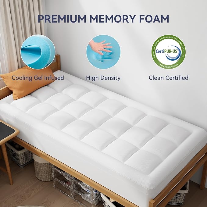 ELEMUSE Twin XL Dual Layer 3 Inch Memory Foam Mattress Topper for College Dorm Room Essentials, 2 Inch Cooling Gel Memory Foam and 1 Inch Soft Pillow Top Mattress Pad Extra Long Twin