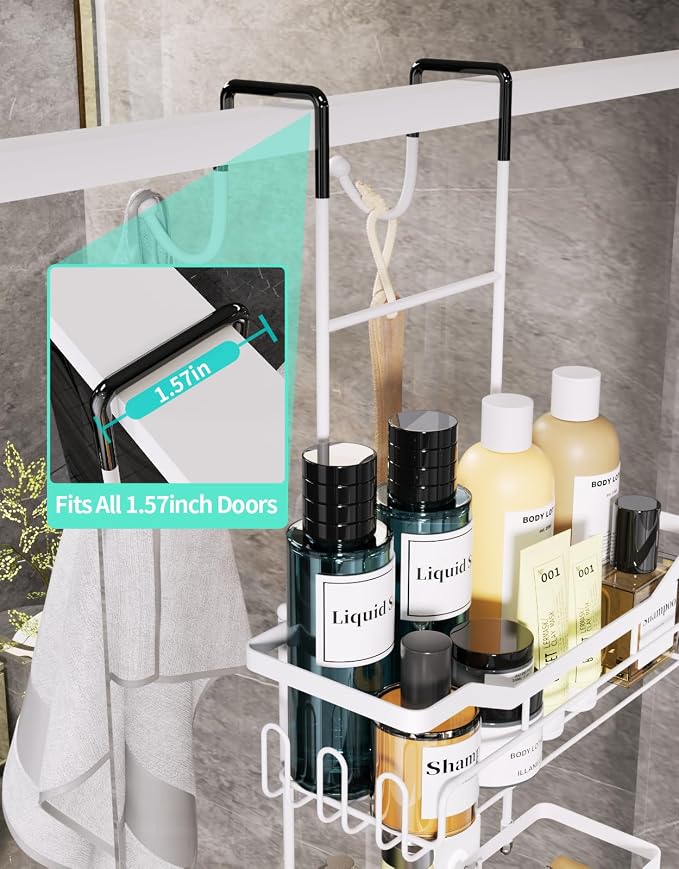 HapiRm Hanging Shower Caddy Over the Door with Soap Holder, No Drilling Adhesive Shower Organizer with 11 Hooks, Rustproof & Waterproof 304 Stainless Steel Bathroom Shelves - White - Image 3