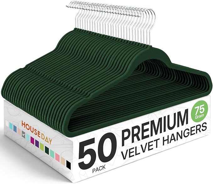 HOUSE DAY Premium Velvet Hangers 50 Pack, Non-Slip Flocked Felt Hangers, Sturdy Clothes Hanger with 360° Rotatable Hook, Heavy Duty Durable Slim Coat Hanger for Closet Space Saving(Emerald Green) by HOUSEDAY