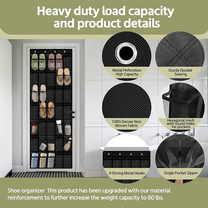 PAULONE 35 Pocket Over the Door Shoe Organizer,Reusable Breathable Large Mesh Bag Men's & Women's Sneaker Organizer,Shoe Organizer for Kids,Hanging Shoe Storage Hanging Bag (Black) - Image 2