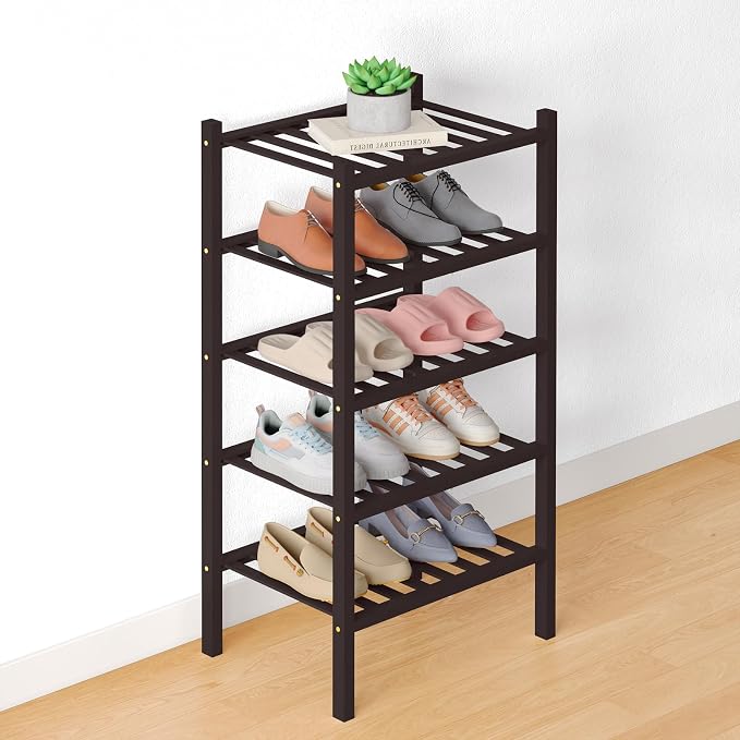 Smiry Bamboo Shoe Rack for Closet, 5 Tier Small Wooden Stackable Shoe Organizer, Free Standing Shoes Storage Shelf for Entryway, Front Door Entrance, Brown by Smiry