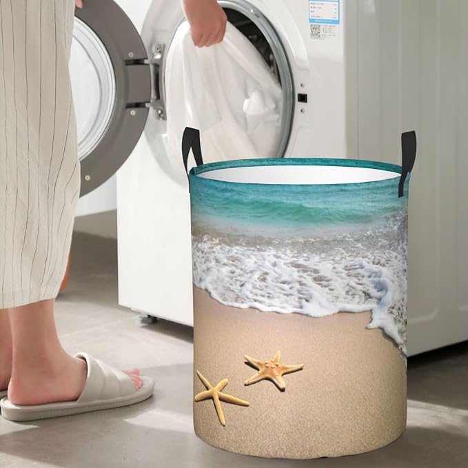 Laundry Basket Beach Starfish Room Decor,Round Laundry Hamper Waterproof Dirty Clothes Hamper Collapsible Laundry Baskets With Handles,Toy/Clothes Storage Beach Towel Basket For Dorm Bathroom Decor - Image 6