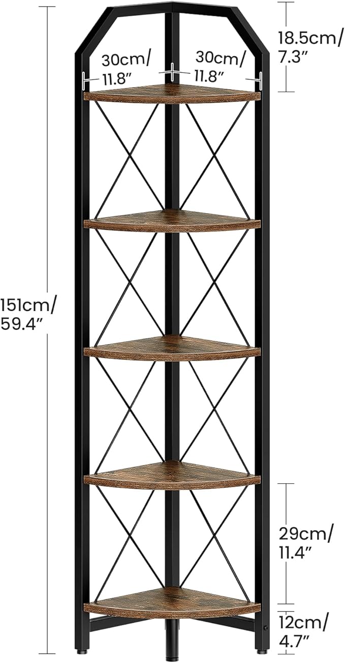 CHOEZON 59.4" Corner Shelf, 5-Tier Industrial Corner Bookshelf, Corner Storage Stand, Plant Stand Display Shelf, Bookcase for Bedroom, Living Room, Home Office, Rustic Brown and Black TCJ10BF - Image 7