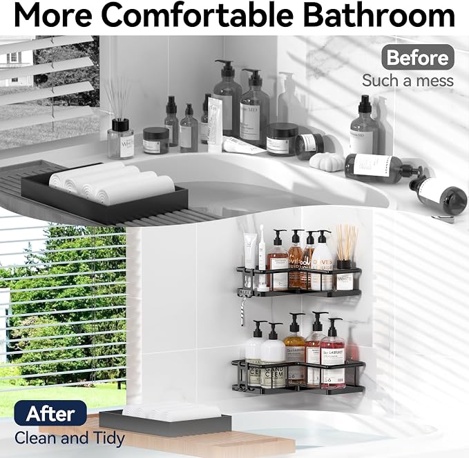 YASONIC Corner Shower Caddy 2 Pack, No Drill Adhesive Shower Storage Shelves, Rustproof Stainless Steel Wall Mounted Bathroom Organizer Shelf with 2 Removable Hooks for Dorm & Renters, Black - Image 8