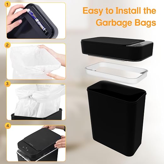 4 Gallon Bathroom Smart Touchless Trash Can for Kitchen Automatic Motion Sensor Rubbish Can with Lid Waterproof Narrow Small Garbage Bin for Kitchen, Toilet, Bedroom, RV(Black,Battery) - Image 6
