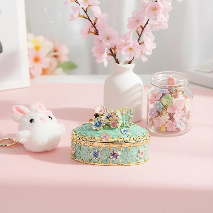 YU FENG Enamel Butterfly Trinket Box Jewelry Organizer, Decorative Hinged Keepsake Box – Green Floral Butterfly Box - Image 6
