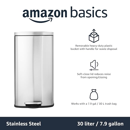 Amazon Basics Smudge Resistant Rectangular Trash Can with Soft-Close Lid, Foot Pedal, Removable Inner Bucket, 30 Liter/7.9 Gallon, Brushed Stainless Steel, Satin Nickel Finish, 13.8"L x 11.8"W x 25"H - Image 5