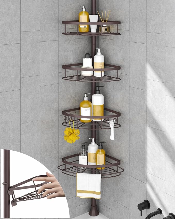 SEIRIONE Rustproof Shower Corner Caddy Organizer for Bathroom, Tension Pole with 4 Baskets, for Bathtub Storage Rack, 34 to 116 Inch Height, Bronze by SEIRIONE