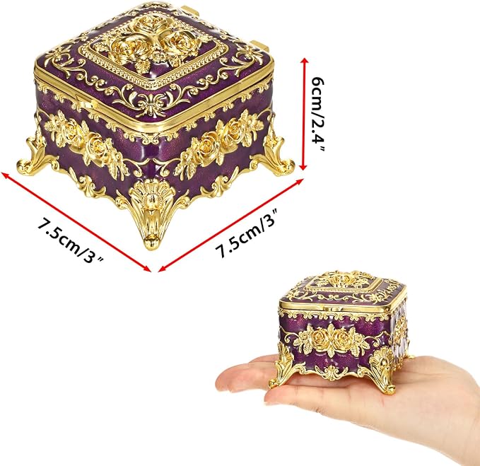 Hipiwe Vintage Jewelry Box Small Trinket Storage Organizer Box Gold Metal Chest Ring Case Treasure Chest Square Keepsake Boxes for Earrings Necklace Gift for Women,Purple - Image 2