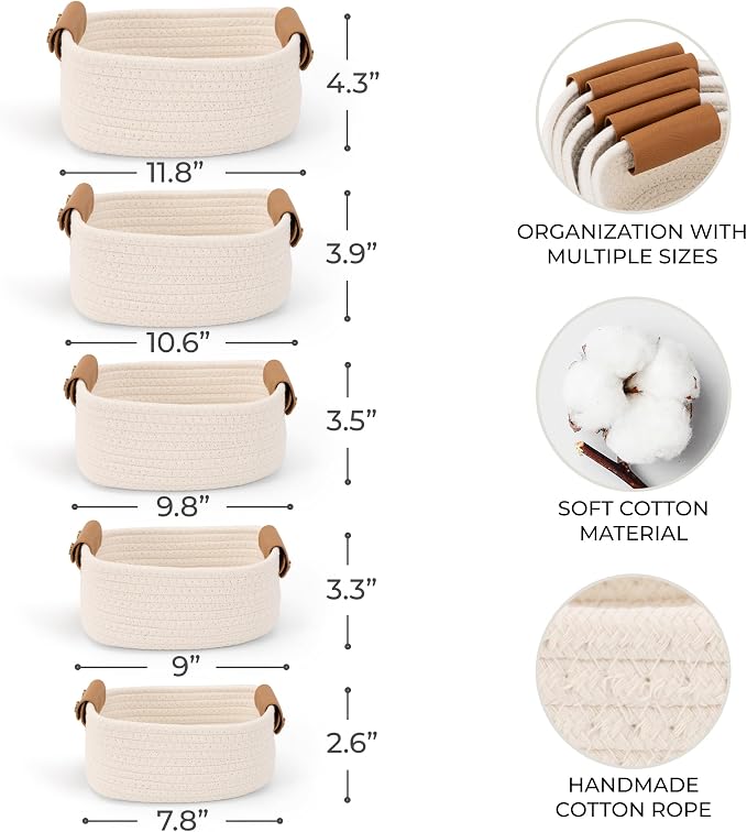 Beautiful Storage Basket Set of 5 - Sturdy Cotton Rope Baskets for Shelves Are Perfect for Organizing Your Home - Quality Storage Bins Easily Fit With Any Nursery or Bedroom Decor - Image 4