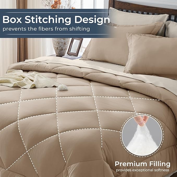 HEVUMYI Khaki & Linen Twin Comforter Set - 5-Piece All Season Bed in a Bag Twin, Ultra Soft Bedding Set with Comforter, Flat Sheet, Fitted Sheet, Pillowcases, Pillow Shams