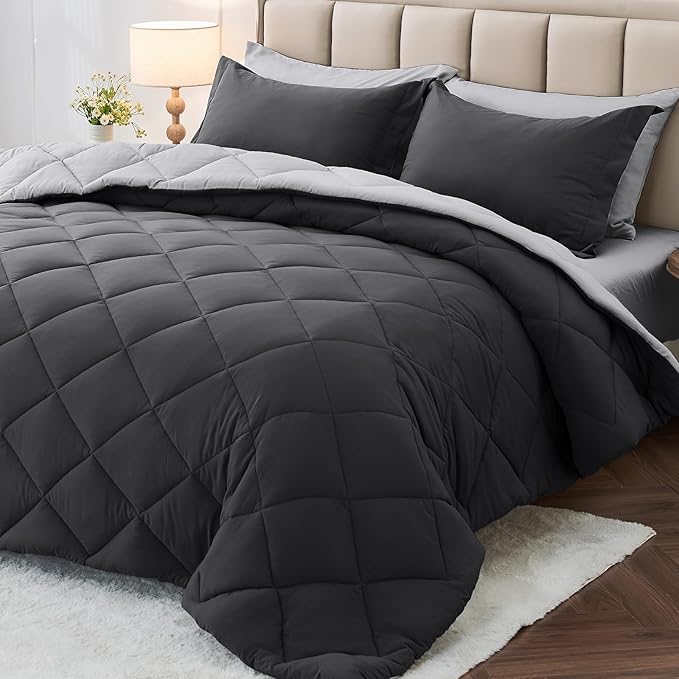 MUXHOMO 7 Pieces Queen Comforter Set, Reversible Bed in a Bag Queen Size, All Season Bedding Set with Comforter, Flat Sheet, Fitted Sheet, Pillowcases & Shams, Dark Grey & Light Grey