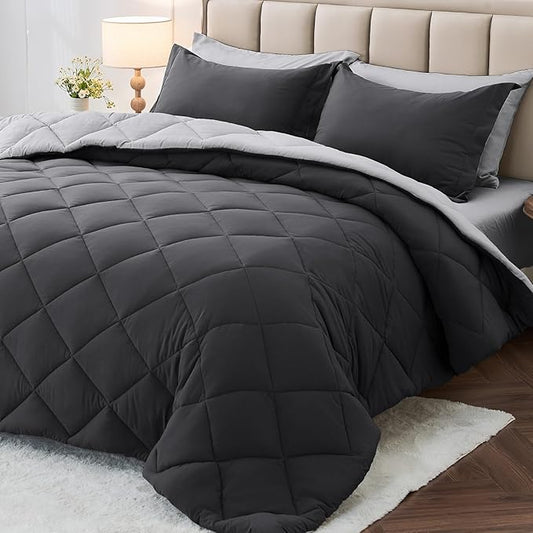 MUXHOMO 7 Pieces Full Comforter Set, Reversible Bed in a Bag Full Size, All Season Bedding Set with Comforter, Flat Sheet, Fitted Sheet, Pillowcases & Shams, Dark Grey & Light Grey