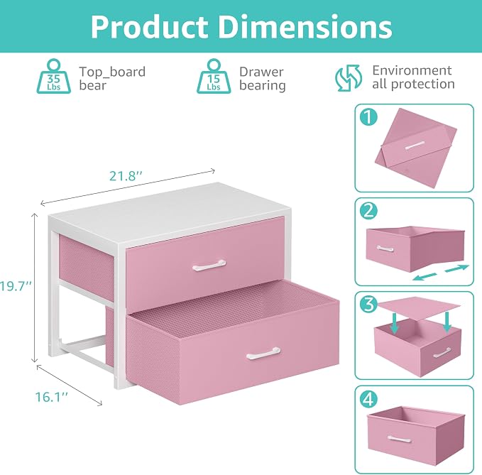BOLUO Stackable Closet Drawers for Clothes Organizers and Storage Fabric Pink 2 Drawer Dresser for Bedroom 2 Packs Modern Large - Image 3