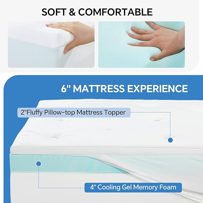 HOMBYS 6IN Thickness Cooling Mattress Topper for Hot Sleepers, Gel Memory Foam Mattress Pad Pillow Top with Fitted Deep Pocket, Soft Bed Topper for Back Pain Relief (Queen)