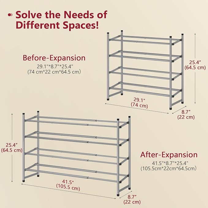 Tajsoon Expandable Shoe Rack for Closet 4 Tier, 29“-41“Adjustable & Stackable Shoe Shelf Storage, Metal Shoe Rack Organizer for Front Door Entrance, Closet, Garage, Entryway, Grey - Image 3