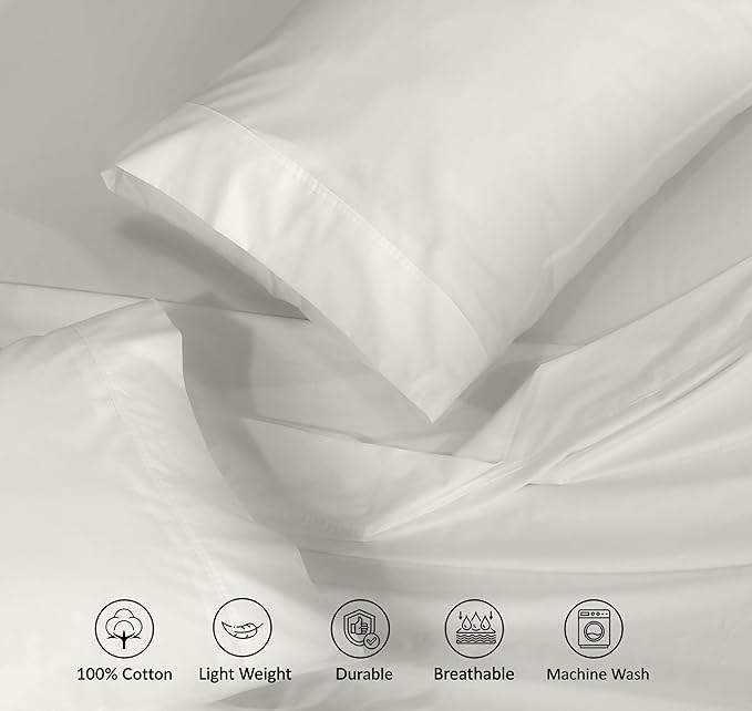 RUVANTI 100% Cotton Sheets – Queen Size Percale Bedding, Cooling & Breathable, Durable with a Crisp, Soft & Comfortable Feel, 16" Deep Pocket, 4-Piece Set, Ivory