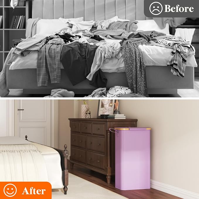 Lifewit 65L Slim Laundry Hamper with Lid, Narrow Laundry Basket with Removable Bag & Bamboo Handles, Fodable Thin Dirty Clothes Hamper for Laundry Collapsible Bin for Bathroom Bedroom Dorm, Purple - Image 10