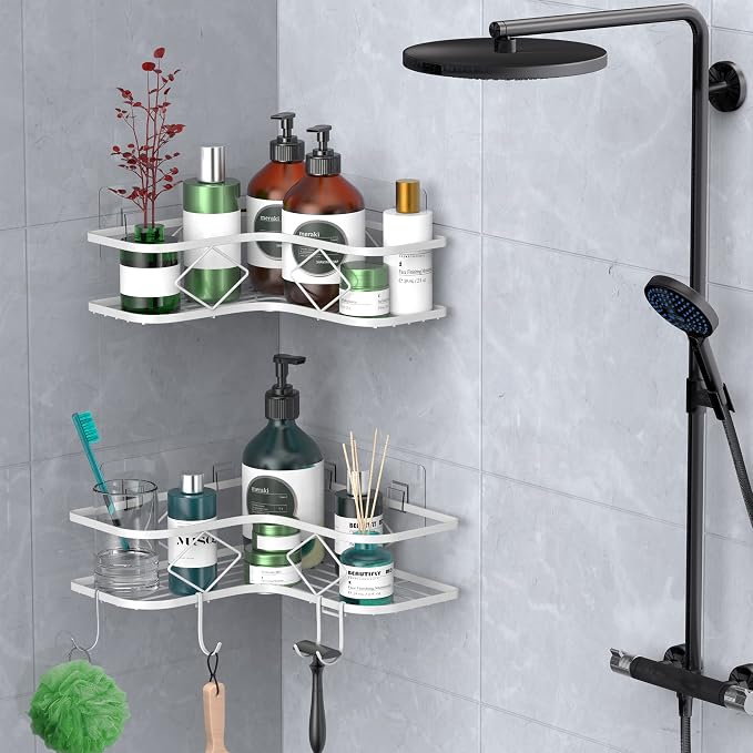 Shower Caddy, 2 Pack Corner Organizer Shelf, Rustproof Wall Mount Shower Storage Rack, No Drilling, 40 lbs Capacity (Glossy White) - Image 4