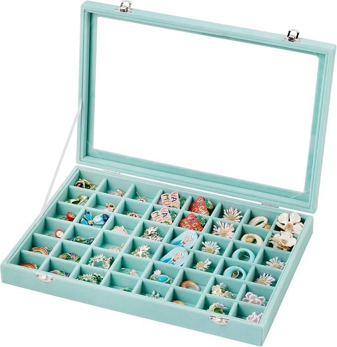 Frebeauty 48 Grid Jewelry Tray,Adjustable Earring Holder Organizer with Glass Lid,Velvet Drawer Jewelry Organizer for Rings,Studs,13.8 x 9.5 x 2 Inches Jewelry Display Box,Gift for Women(Turquoise) by Frebeauty