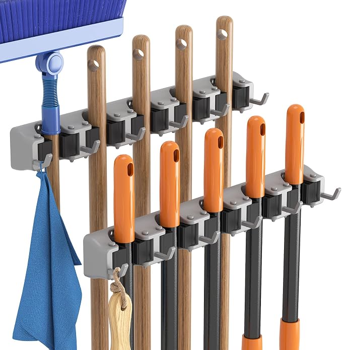 Lifewit Mop and Broom Holder Wall Mount, Anti-Slip Broom Hanger for Cleaning Supplies Organizer, Easy Install Tool Hanging Rack for Closet, Kitchen, Garage, 5 Slot 6 Hooks, Hold 30lbs, Gray, 2 Pack by Lifewit